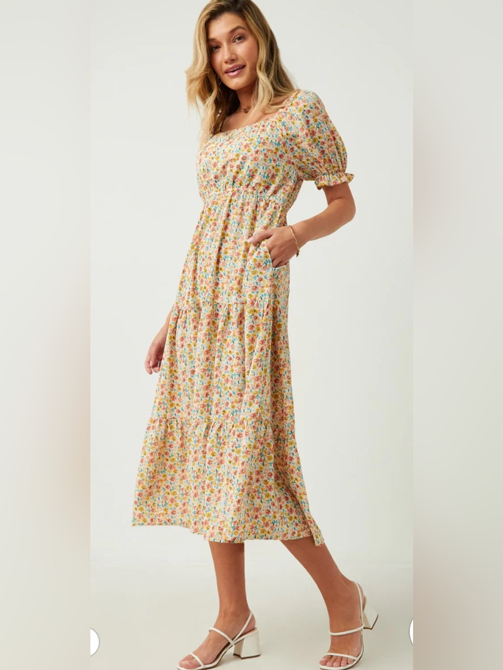 Hayden Los Angeles Floral Square-Neck Puff Sleeve Dress Women’s Size Small